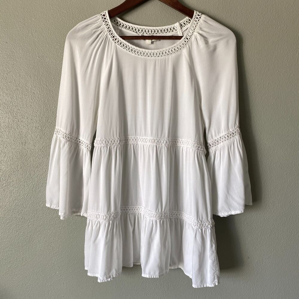 Spense Peasant Boho Tiered Blouse White Bell Sleeves Lace Tunic Women's Small